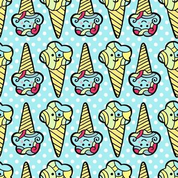 Seamless pattern with ice-cream on blue dotted background. Seamless patter... 스톡 사진