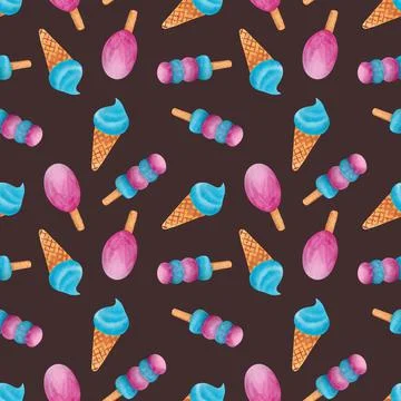 Seamless pattern with ice cream on a brown background. Frozen dessert. Stock Illustration