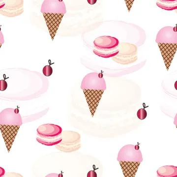 Seamless pattern with ice cream cone and pink macaroons vector - pink theme Stock Illustration
