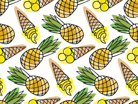 Seamless pattern with Ice Cream cone and pineapple. Tropical Ice Cream repeated Stock Illustration