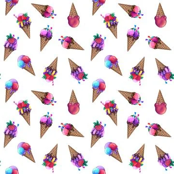 Seamless pattern with ice cream in a cone. Stock Illustration