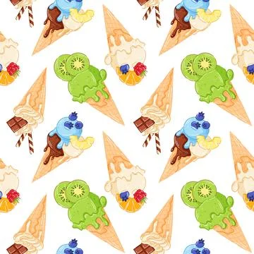 Seamless pattern with ice cream cone with flavor kiwi, vanilla, blueberry Stock Illustration