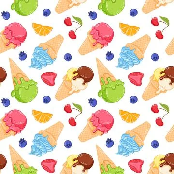 Seamless pattern of ice cream cone with fruit slices and berry in cartoon style Stock Illustration