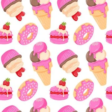 Seamless pattern with ice cream cone, donut and macaron. Playful Valentine Day 스톡 일러스트