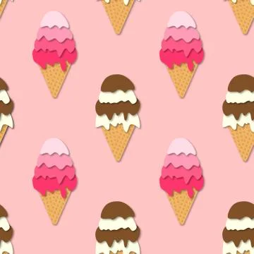 Seamless pattern of Ice cream cones. 3d vector. Paper cut style. Summer desse Illustrazione stock