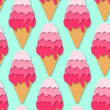Seamless pattern of Ice cream cones. 3d vector. Paper cut style. Stock Illustration