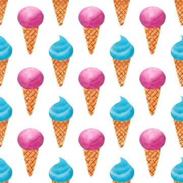 Seamless pattern with ice cream. Cones with pink and blue ice cream ball. Stock Illustration