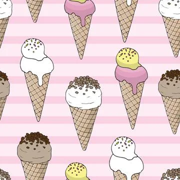 Seamless pattern with ice cream cones on pink striped background Stock Illustration
