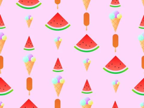 Seamless pattern with ice cream cones and watermelon slices. Ice cream ball.. Illustrazione stock