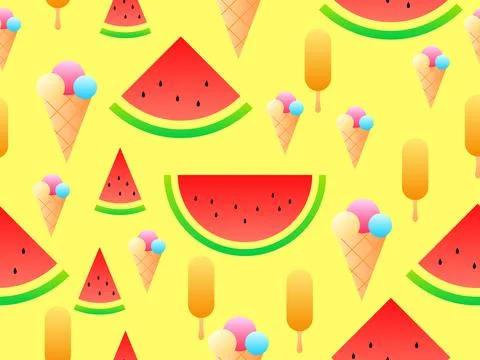 Seamless pattern with ice cream cones and watermelon slices. Ice cream ball.. Illustrazione stock