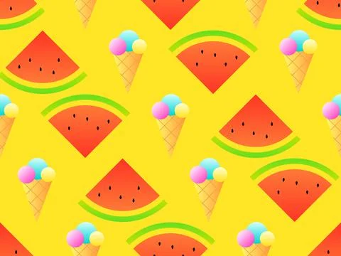 Seamless pattern with ice cream cones and watermelon slices. Ice cream ball.. Illustrazione stock