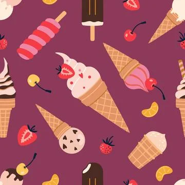 Seamless pattern with ice cream cones, popsicles and fruits. Sweet and colo.. Stock Illustration