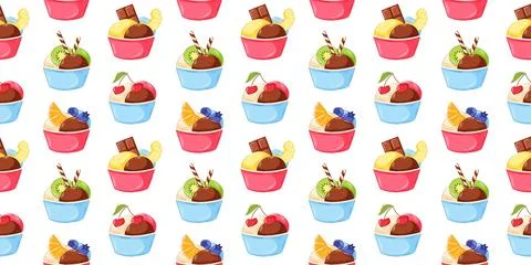 Seamless pattern with ice cream cup and fruit topping in cartoon style Stock Illustration