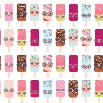 Seamless pattern ice cream, ice lolly Kawaii with pink cheeks and winking eye Stock Illustration