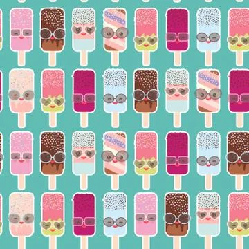 Seamless pattern ice cream, ice lolly  Kawaii with pink cheeks and winking ey Stock Illustration