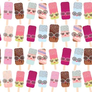 Seamless pattern ice cream, ice lolly  Kawaii with pink cheeks and winking ey Ilustración de archivo