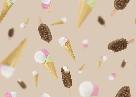 Seamless pattern with ice cream on light brown background. Trendy summer ba.. Stock Photos