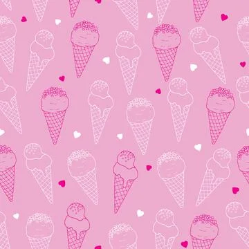 Seamless pattern of ice cream line art on pink background Stock Illustration