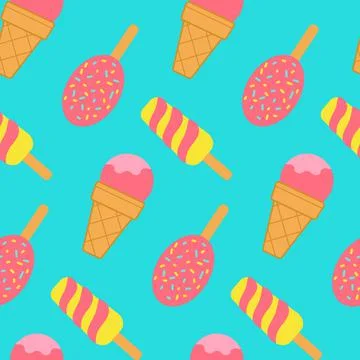 Seamless pattern ice cream popsicle, fruit stick and ball in a waffle cup. De Stock Illustration