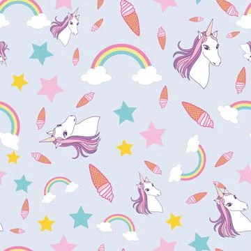 Seamless pattern ice cream, rainbow and unicorns on pastel purple background Stock Illustration