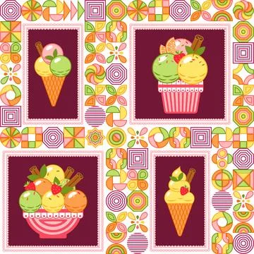 Seamless pattern with ice cream in rectangular frames, abstract geometric s.. Stock Illustration