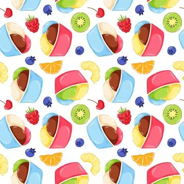 Seamless pattern of ice cream scoop in paper cup and fresh fruits on white Stock Illustration