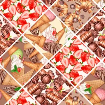 Seamless pattern with ice cream, strawberry and chocolate Stock Illustration