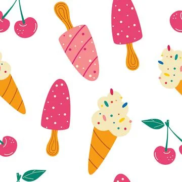 Seamless pattern with ice cream. Summer pattern, sweet desserts, cherry. For Stock Illustration