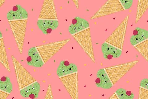Seamless pattern of ice cream. Vector illustration on a pink background. Stock Illustration