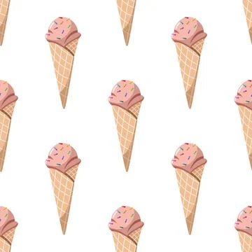 Seamless pattern of ice cream in a waffle cone. Vector illustration Stock Illustration