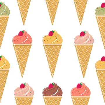 Seamless pattern of ice cream in a waffle cone. Vector illustration isolated on Stock Illustration