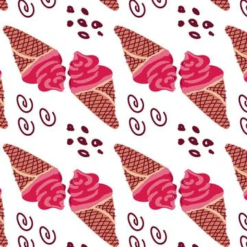 Seamless pattern with ice cream in waffle cone with simple shapes Stock Illustration
