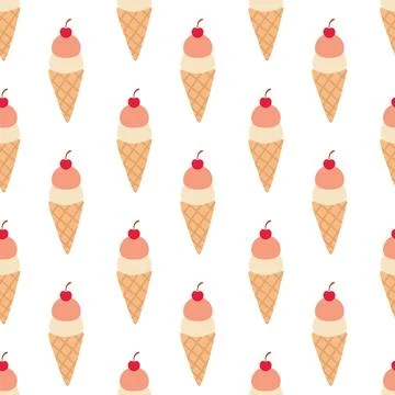 Seamless Pattern. Ice cream in waffle cone with cherry. Stock Illustration