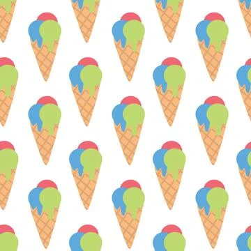 Seamless Pattern. Ice cream in waffle cone with colorful three scoops. Stock Illustration