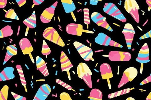 Seamless pattern ice cream in a waffle cones and bars popsicle strawberry cherry Illustrazione stock