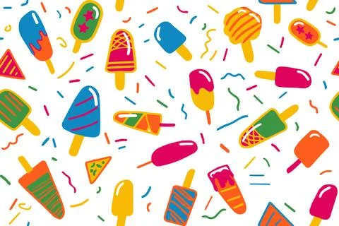 Seamless pattern ice cream in a waffle cones and bars popsicle strawberry Stock Illustration