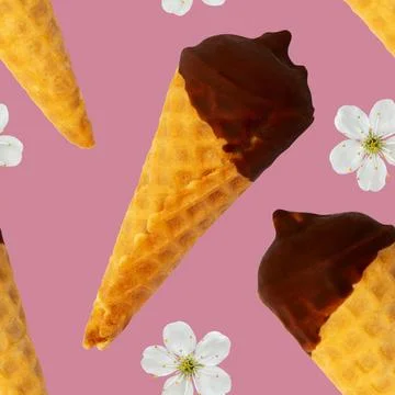 Seamless pattern. Ice cream waffle horn in chocolate glaze. Seamless patte... Stock Photos