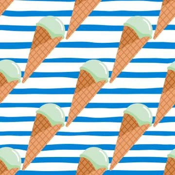 Seamless pattern with ice cream on white vackground with blue strips. Simple  Stock Illustration