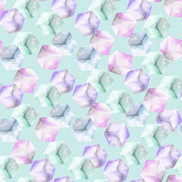 Seamless pattern with ice cubes. Stylized watercolor illustration. 스톡 일러스트