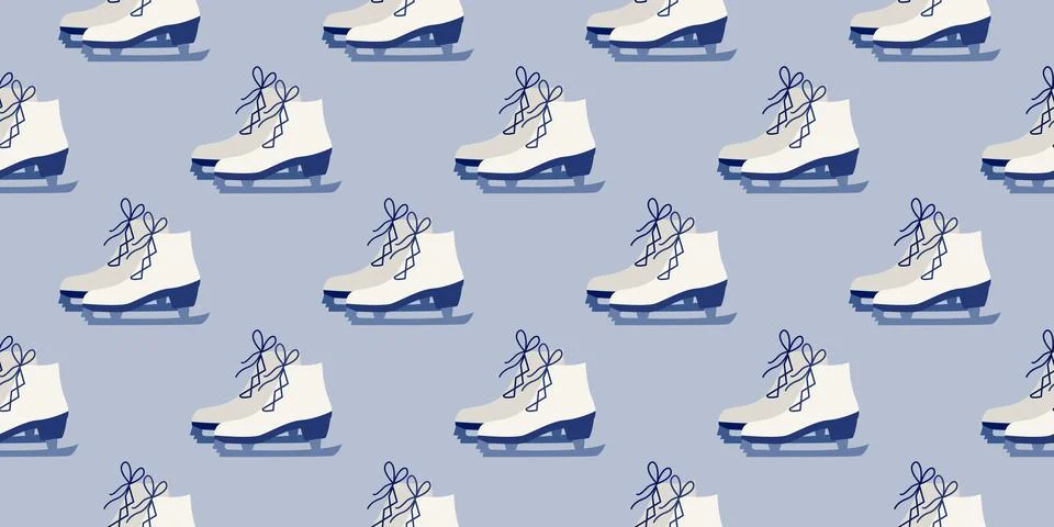 Seamless pattern with ice Skates. White winter Boots repeating background. .. Stock Illustration