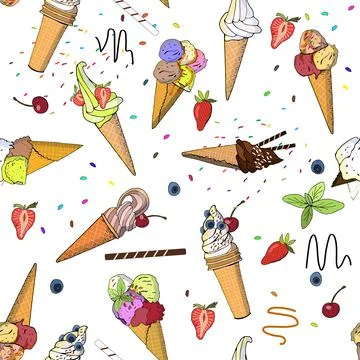Seamless pattern with icecreams, buns and donuts. Stock Illustration