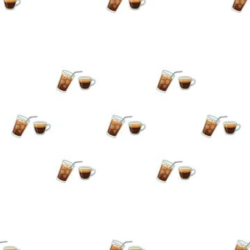 Seamless Pattern of Iced Coffee and Espresso Cups on White Background. Illustrazione stock