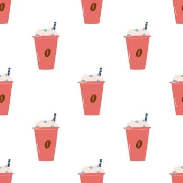 Seamless pattern with iced coffee in paper cup with cream and straw. Flat han Stock Illustration