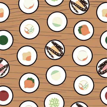 Seamless pattern of icons of delicious colored sushi rolls. A collection of d Illustrazione stock