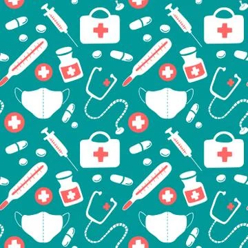 Seamless pattern with icons medical tools and medicines - first aid kit, syri Stock Illustration