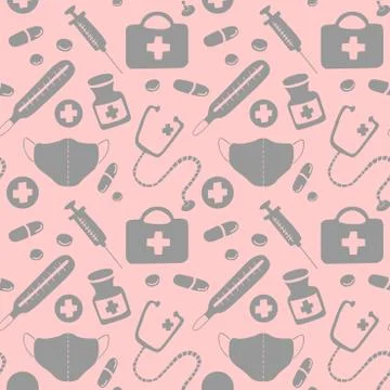 Seamless pattern with icons medical tools and medicines - first aid kit, syri Illustrazione stock