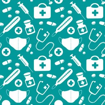 Seamless pattern with icons medical tools and medicines - first aid kit, syri Illustrazione stock