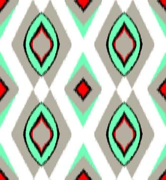 Seamless pattern ikat rhombuses gray black mint red white background Stock Illustration