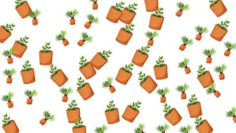 Seamless pattern of illustrated green potted plants and indoor flora on a w.. Illustrazione stock