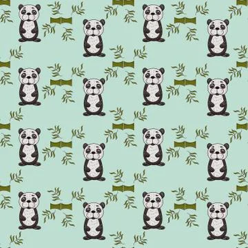 Seamless pattern illustration 3 cute Panda painted in childrens style sitting Stock Illustration
